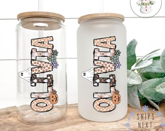 Personalized Halloween Tumbler: Iced Coffee Glass Cup with Lid & Straw