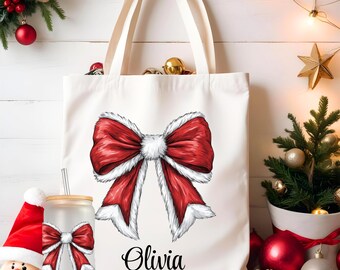 Coquette Santa Bow Tote Bag and Frosted 16 oz Libbey Glass Cup, Large Tote Gift Bag, Ice Coffee Cup with Lid and Straw, Perfect gift for Her