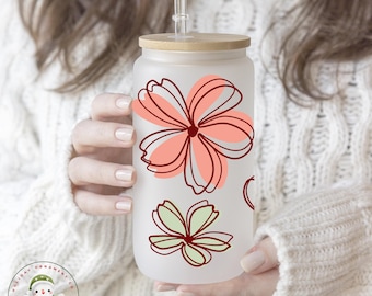 Boho Big Flowers Glass Libbey Cup | Pretty Girly Tumbler Iced Coffee Cup | 16 oz/20 oz | Flower Theme | Gift for Her