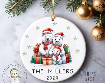 Family of Three Personalized Name Christmas Ornament | Polar Bear Family Glass or Ceramic Holiday Ornament | Keepsake Gift | Multi Options