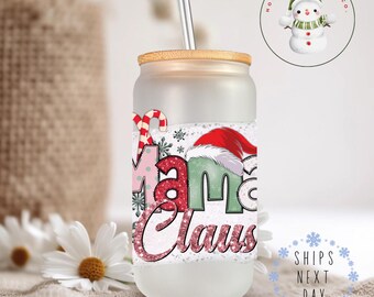 Mama Claus Merry Christmas Glass Tumbler Cup | Pretty Holiday Iced Coffee Cup | 16 oz/20 oz | Cute Xmas Cup | Book Club Gift