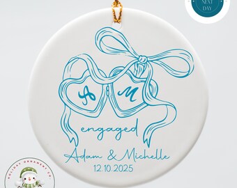 Personalized Bow and Locket Engagement Ceramic Ornament | Christmas Engagement Gift
