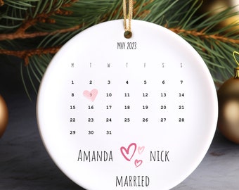Calendar Ornament | Wedding Gift | Wedding Date Ornament  | Anniversary Gift | First Christmas Married | Newlywed Gift | Pink Hearts