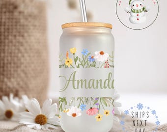 Personalized Name Floral Libbey Glass Tumbler Cup | Pretty Custom Flower Iced Coffee Cup | 16 oz/20 oz | Book Club Cup | Bridesmaid Gift