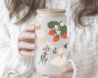 Cottage Core Duck Glass Libbey Cup | Ducks and Strawberries Iced Coffee Cup | 16 oz/20 oz | Party Favors | Gift for Her