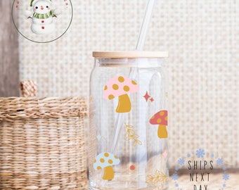 Retro Pastel Mushrooms Glass Tumbler Cup | Cute Libbey Iced Coffee Cup | 16 oz/20 oz | Gifts for Her