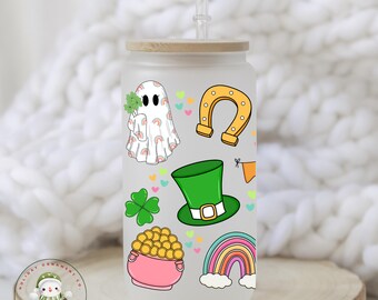 Ghost St Patricks Day Glass Tumbler Cup | St Pats Ghost Shamrocks Libbey Iced Coffee Cup | 16 oz/20 oz | Cute Book Club Cup | Gift for Her