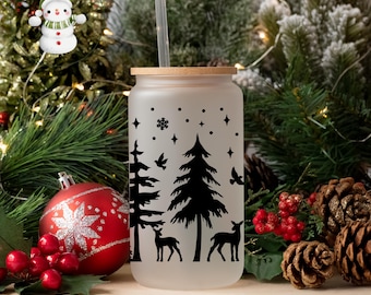 Christmas Scene Christmas Glass Tumbler Cup | Frosted or Clear Holiday Iced Coffee Cup | 16 oz/20 oz | Classic Xmas Cup | Book Club Gift