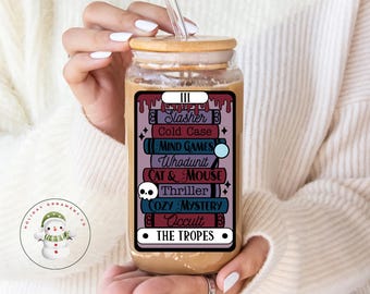 The Tropes Glass Tumbler Cup | Thriller Crime Reader Iced Coffee Cup | 16 oz/20 oz | Bookish Tarot Card Cup | Gifts for Her