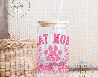 Cat Mom Glass Tumbler Cup | Libbey Iced Coffee Cup | 16 oz/20 oz | Gifts for Her | Mom Gift | Cute Cat Cup