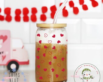 Valentine Hearts Libbey Glass Tumbler | Girlfriend Wife Gift Girly Iced Coffee Cup | 16 oz or 20 oz | Bookclub Cup | Party Favors