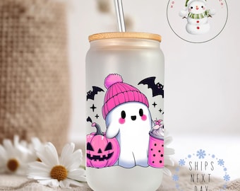 Pink Ghost Coffee Glass Tumbler Cup | Halloween Iced Coffee Cup | 16 oz/20 oz | Cute Girly Fall Cup | Gifts for Her
