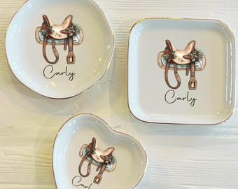 Personalized Western Saddle Ring Dish: Horseback Riding Jewelry Trinket Plate