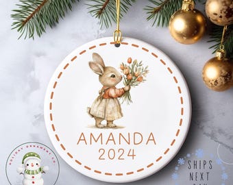 Vintage Bunny Personalized Name Christmas Ornament | Cute Kids Ceramic Holiday Ornament | Keepsake Gift Baby