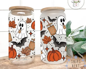 Fall Ghost Pumpkin Iced Coffee Glass Tumbler: Halloween Cup (16 oz/20 oz)
