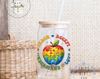 Autism Puzzle Glass Tumbler Cup | Libbey Iced Coffee Cup | 16 oz/20 oz | Teach Accept Love | Autism Awareness