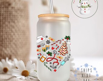 Nursing Christmas Glass Tumbler Cup | Cute Heart Nurse Iced Coffee Cup | 16 oz/20 oz | Nurse Appreciation Gift