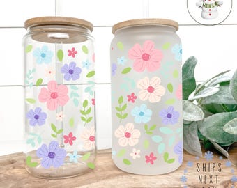 Pastel Flowers Coffee Cup | Spring Floral Iced Libbey Cup | 16 oz/20 oz | Party Favors | Book Club Matching Cups