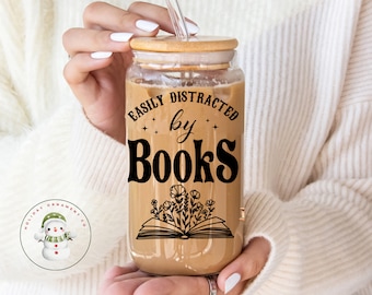 Easily Distracted By Books Glass Tumbler Cup | Book Lover Iced Coffee Cup | 16 oz/20 oz | Bookish | Gifts for Her