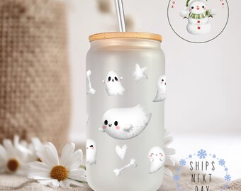 Cute Ghosts Glass Tumbler Cup | Halloween Iced Coffee Cup | 16 oz/20 oz | Cute Girly Cup | Gifts for Her