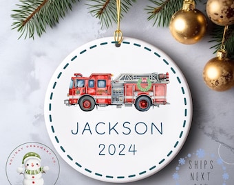 Firetruck Personalized Name Christmas Ornament | Cute Kids Ceramic Holiday Ornament | Keepsake Gift Baby