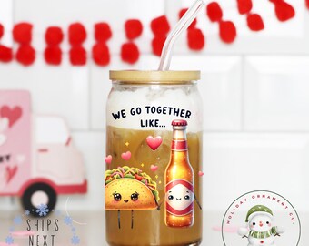 Taco and Beer Valentine Libbey Glass Tumbler | Girlfriend Wife Gift Girly Iced Coffee Cup | 16 oz or 20 oz | Book Cub Cup | Party Favors
