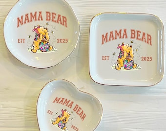 Mama Bear Established Year Trinket Ring Dish | Ceramic Pooh Bear Mothers Day Ring Dish | Custom Jewelry Dish | Gift For Mom
