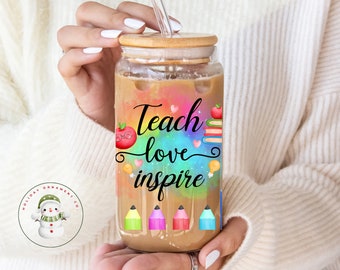 Teach Love Inspire Glass Tumbler Cup | Teacher Gift Iced Coffee  | 16 oz/20 oz | Teacher Appreciation | End of Year Holiday Present