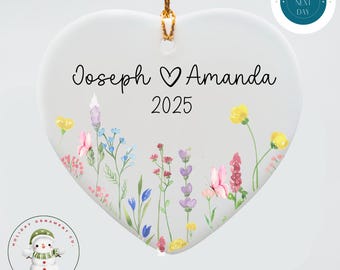 Personalized Wildflower Butterfly Heart Ornament: Custom Ceramic Couples Gift