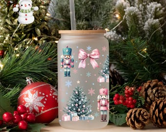 Nutcracker Coquette Glass Tumbler Cup | Cutsey Holiday Iced Coffee Cup | 16 oz/20 oz | Watercolor Xmas Cup | Book Club Gift