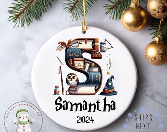 Wizard Themed Personalized Letter Name Christmas Ornament | Keepsake Ceramic Holiday Ornament | Fantasy Theme Gift Baby