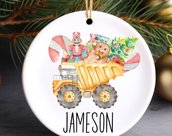 Dump Truck Personalized Ornament | Construction Name Ornament | Holiday Gift | Kids Stocking Stuffer | Cute Kids Ornament