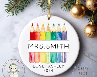Crayon Teacher Name Gift Christmas Ornament | Gift for Teacher Holiday Ornament | Personalized Teacher Gift | Elementary School Gift