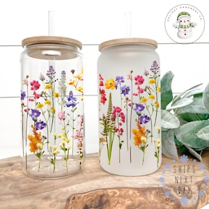 Wildflower Glass Tumbler Cup: Libbey Iced Coffee Cup with Bamboo Lid image 1