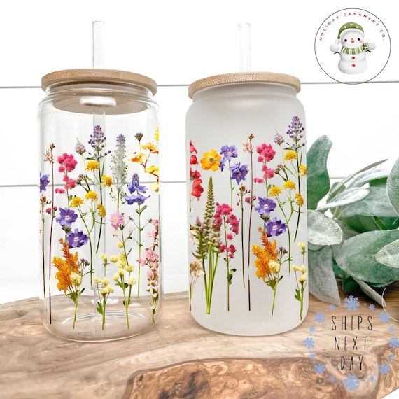 Wildflower Glass Tumbler Cup: Libbey Iced Coffee Cup with Bamboo Lid