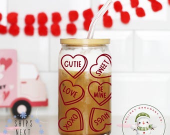 Valentine Candy Message Libbey Glass Tumbler | Girlfriend Wife Gift Girly Iced Coffee Cup | 16 oz or 20 oz | Bookclub Cup | Party Favors