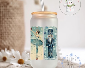Watercolor Blue Nutcracker Scenes  Glass Tumbler Cup | Pretty Holiday Iced Coffee Cup | 16 oz/20 oz | Cute Xmas Cup | Book Club Gift
