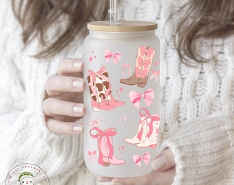 Coquette Cowgirl Boots and Bows Glass Tumbler | Custom Boots Girly Iced Coffee Cup | 20 oz | Bookclub Cup | Gift for Her