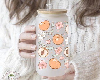 Sweet Peach Glass Coffee Cup | Pretty Peaches Iced Libbey Cup | 16 oz/20 oz | Party Favors | Book Club Matching Cups