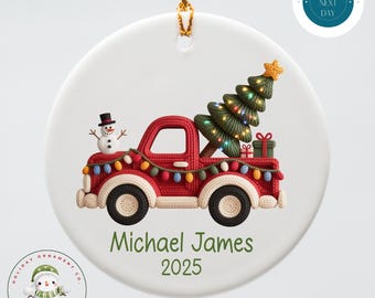 Personalized Faux Yarn Red Truck Ceramic Holiday Ornament | Kids Name Christmas Ornament