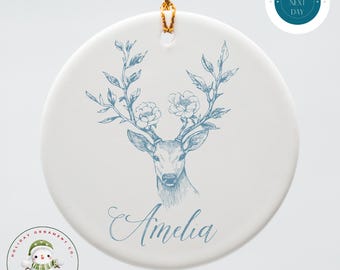 Personalized Blue Toile Deer Christmas Ornament | Keepsake Ceramic Holiday Ornament