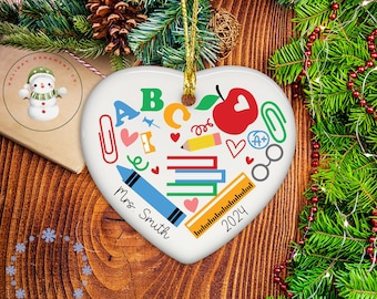 School Heart Personalized Teacher Gift Christmas Ornament | Unique Custom Teacher Holiday Ornament | Elementary School Gift