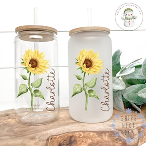 Watercolor Sunflower Personalized Glass Cup Lid Straw | Custom Name Iced Coffee Cup | 16 oz/20 oz Frosted or Clear | Gift for Her
