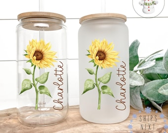 Watercolor Sunflower Personalized Glass Cup Lid Straw | Custom Name Iced Coffee Cup | 16 oz/20 oz Frosted or Clear | Gift for Her