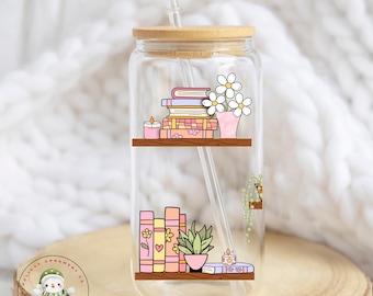 Spring Bookshelf Bookish Glass Tumbler Cup | Book Lover Iced Coffee Cup | 16 oz/20 oz | Reader Gift | Gifts for Her