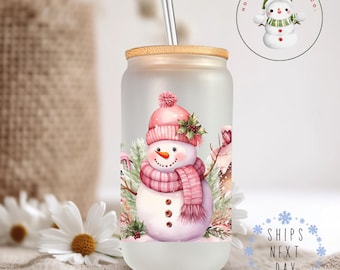 Watercolor Snowman Pink Truck Glass Tumbler Cup | Pretty Holiday Iced Coffee Cup | 16 oz/20 oz | Cute Xmas Cup | Book Club Gift