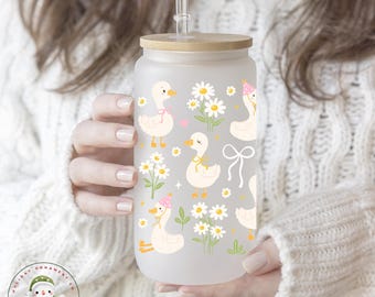 Ducks and Daisies Glass Libbey Cup | Cute Duck Iced Coffee Cup | 16 oz/20 oz | Party Favors | Farm Girl Cup