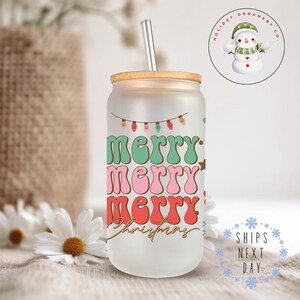 Merry Christmas Glass Tumbler Cup: Holiday Iced Coffee Cup (16 oz/20 oz)