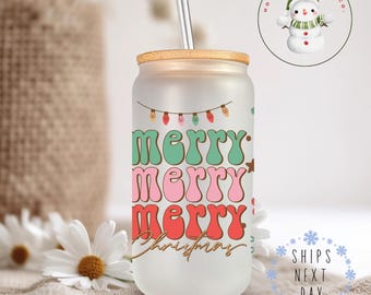 Merry Merry Christmas Glass Tumbler Cup | Pretty Horseshoes Holiday Iced Coffee Cup | 16 oz/20 oz | Cute Xmas Cup | Book Club Gift
