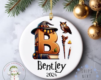 Wizard Themed Personalized Letter Name Christmas Ornament | Keepsake Ceramic Holiday Ornament | Fantasy Theme Gift Baby